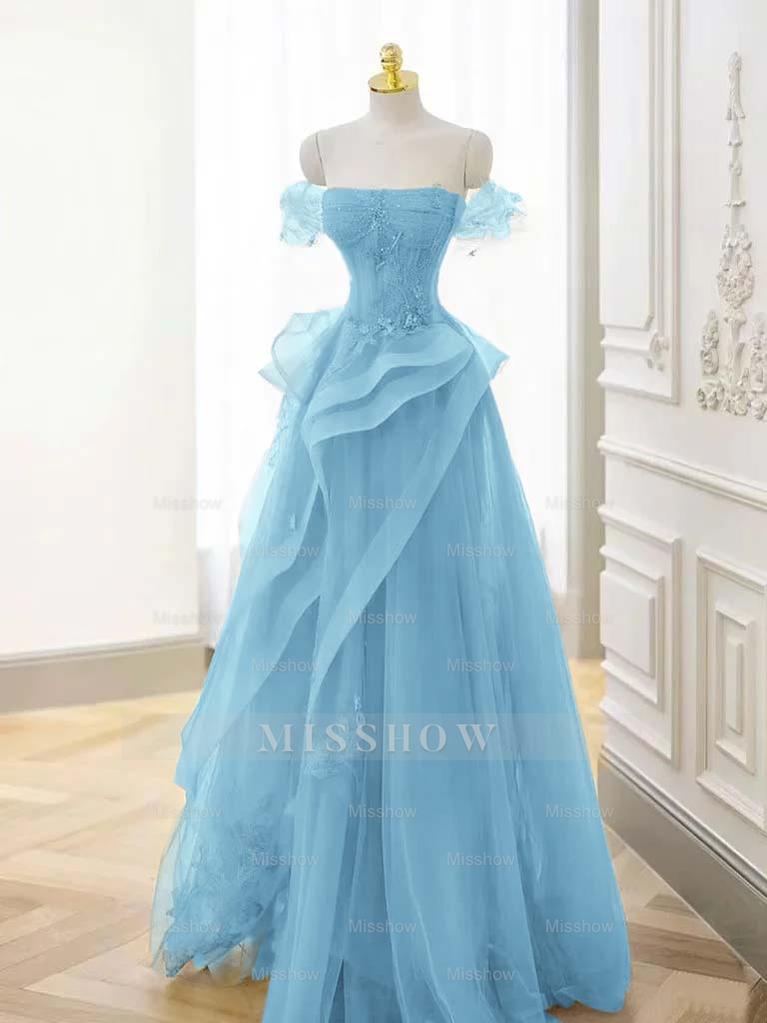 Tulle Off the Shoulder Sleeveless Long Formal Dress With Appliques
