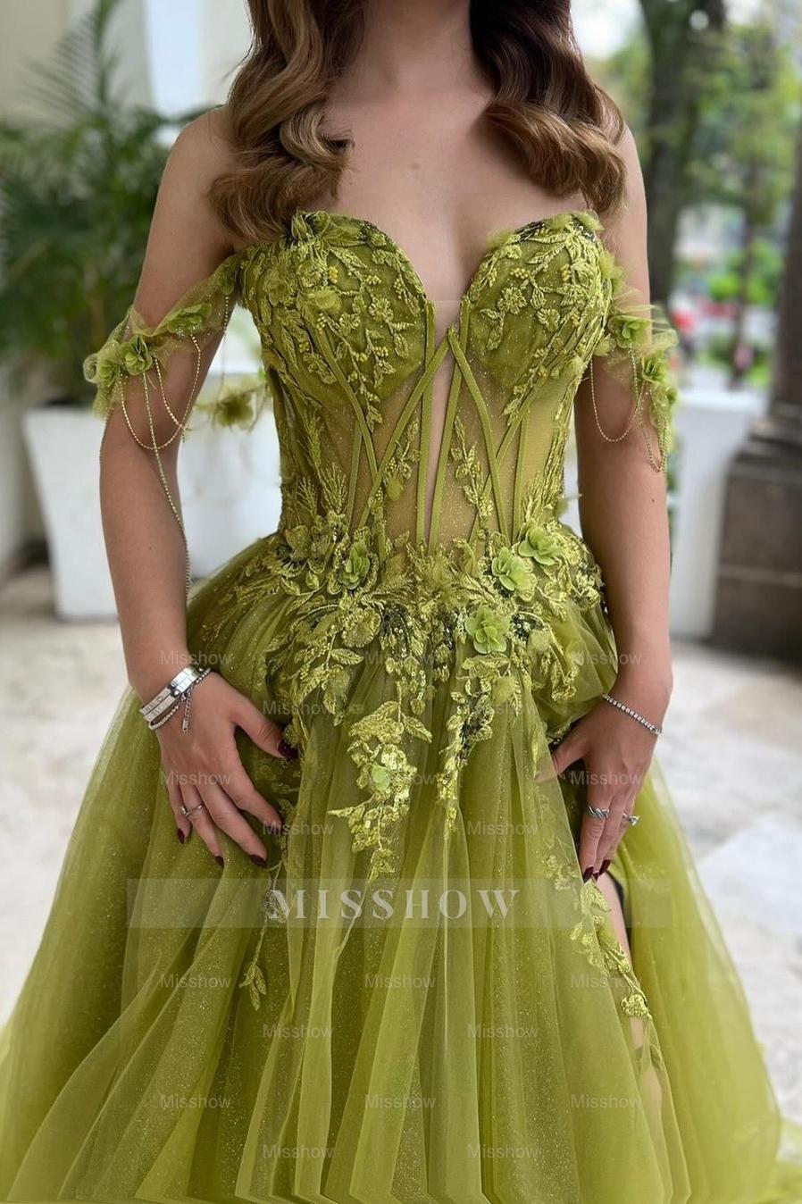Tulle Off the Shoulder Sweetheart Sleeveless Split Formal Dress With Appliques