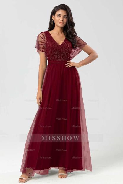 Tulle Short Sleeves V Neck A Line Long Formal Dress With Appliques