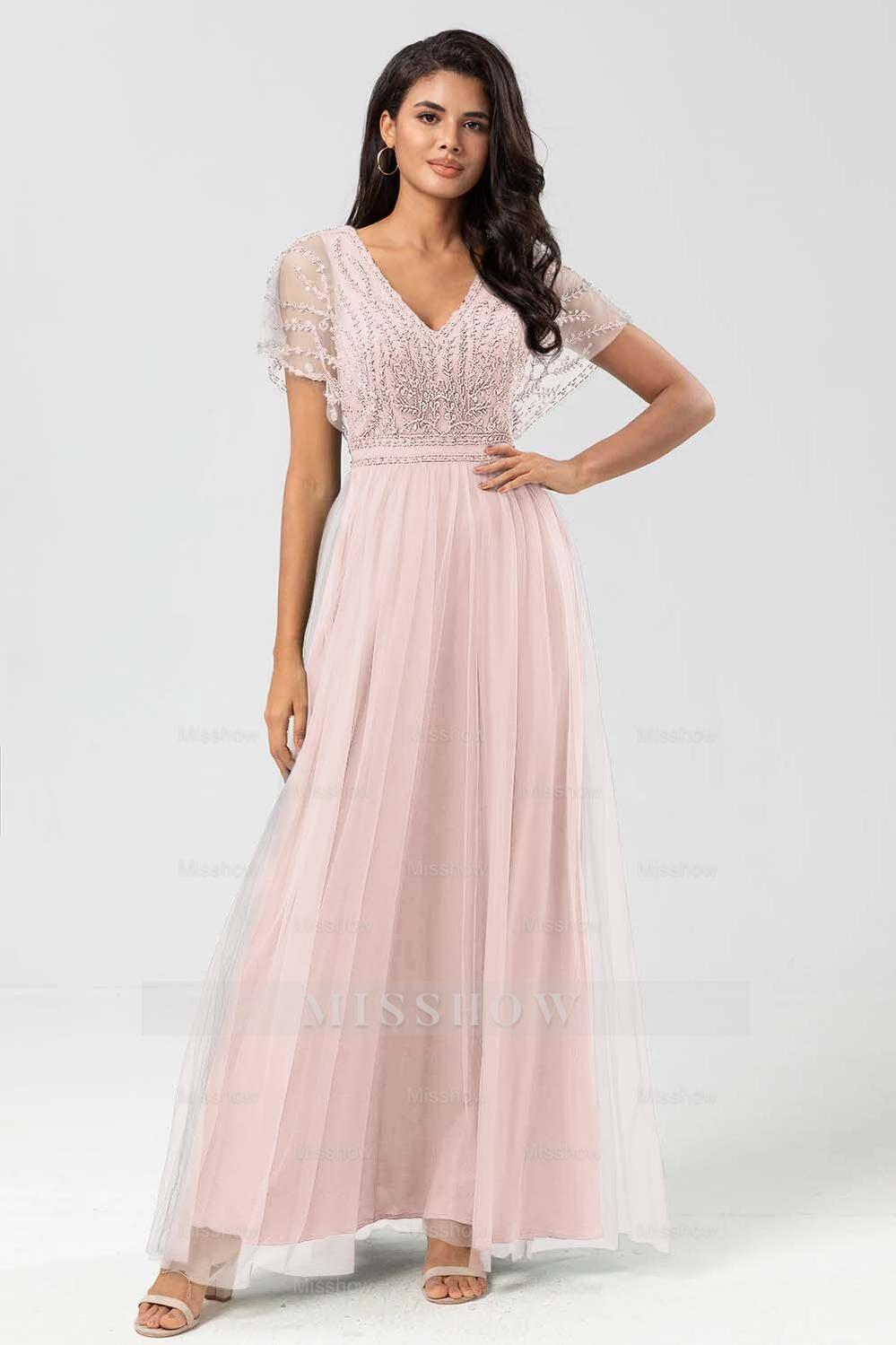 Tulle Short Sleeves V Neck A Line Long Formal Dress With Appliques
