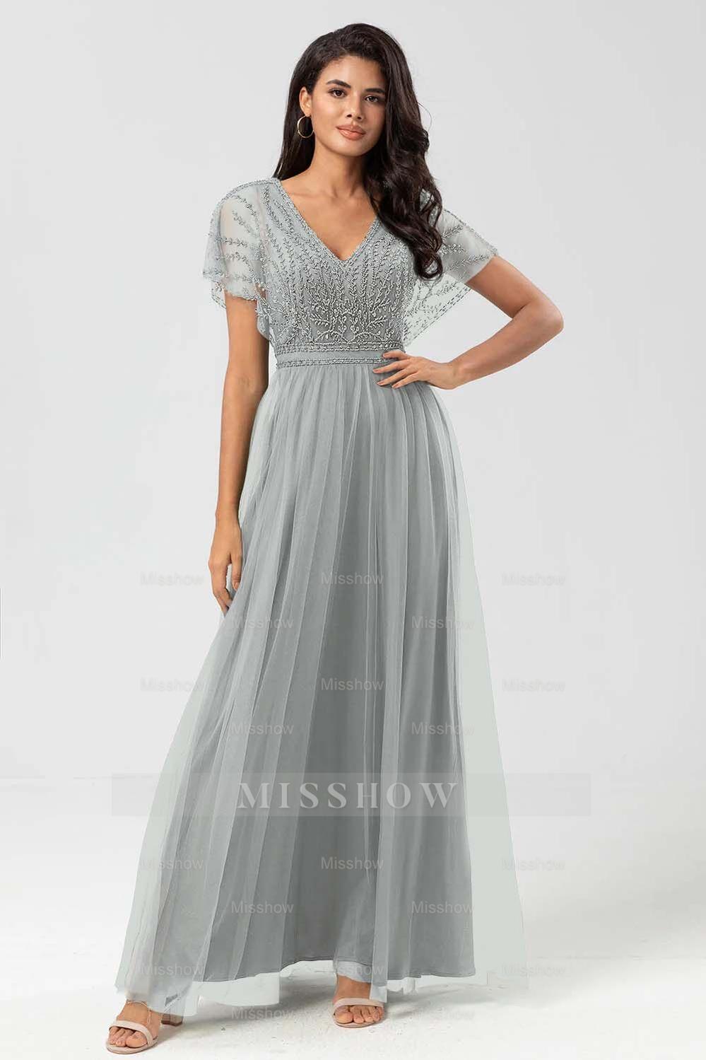 Tulle Short Sleeves V Neck A Line Long Formal Dress With Appliques