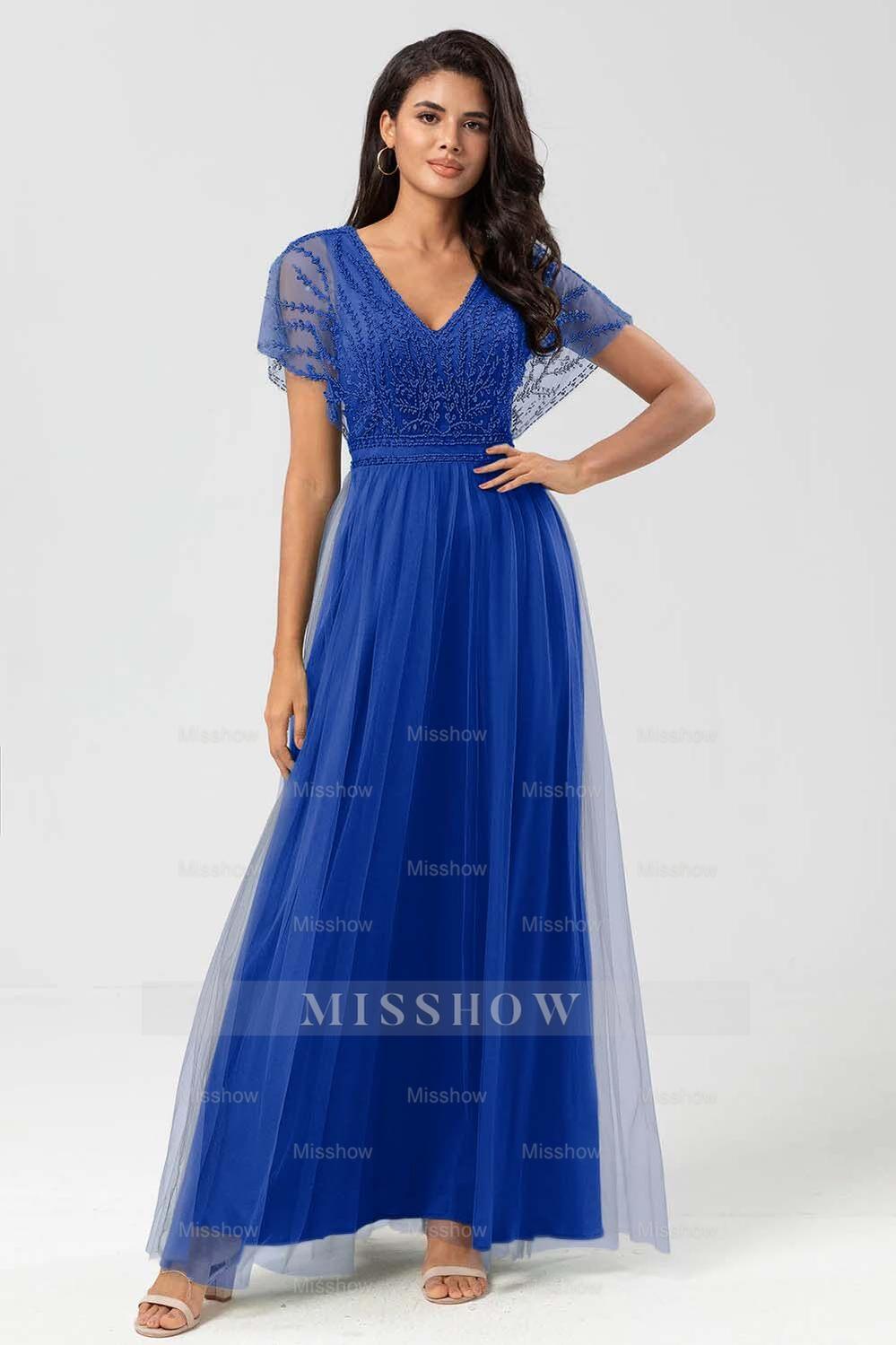Tulle Short Sleeves V Neck A Line Long Formal Dress With Appliques
