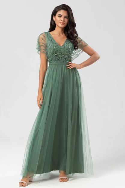 Tulle Short Sleeves V Neck A Line Long Formal Dress With Appliques