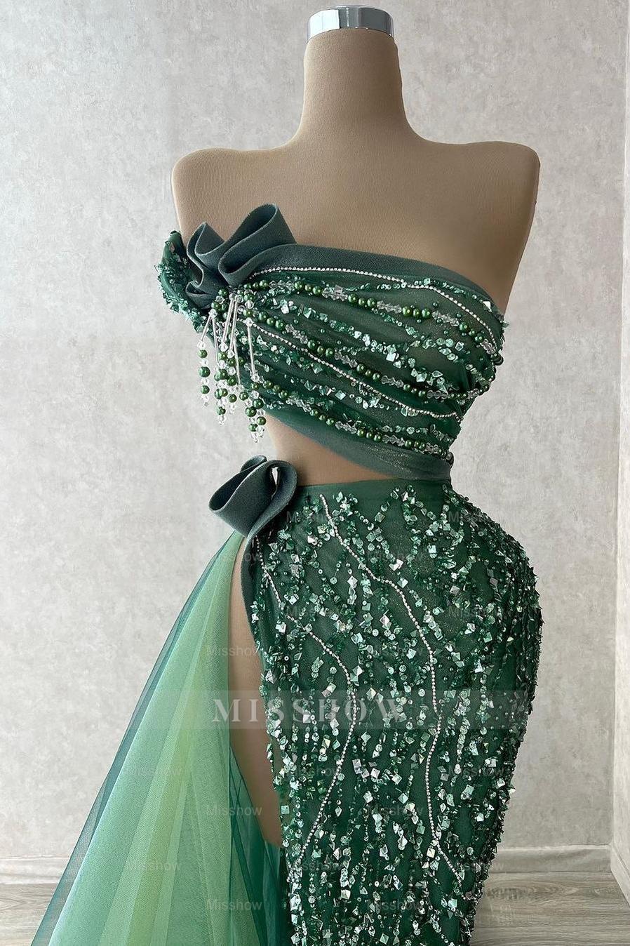 Tulle Strapless Sleeveless High Split Long Formal Dress With Beading