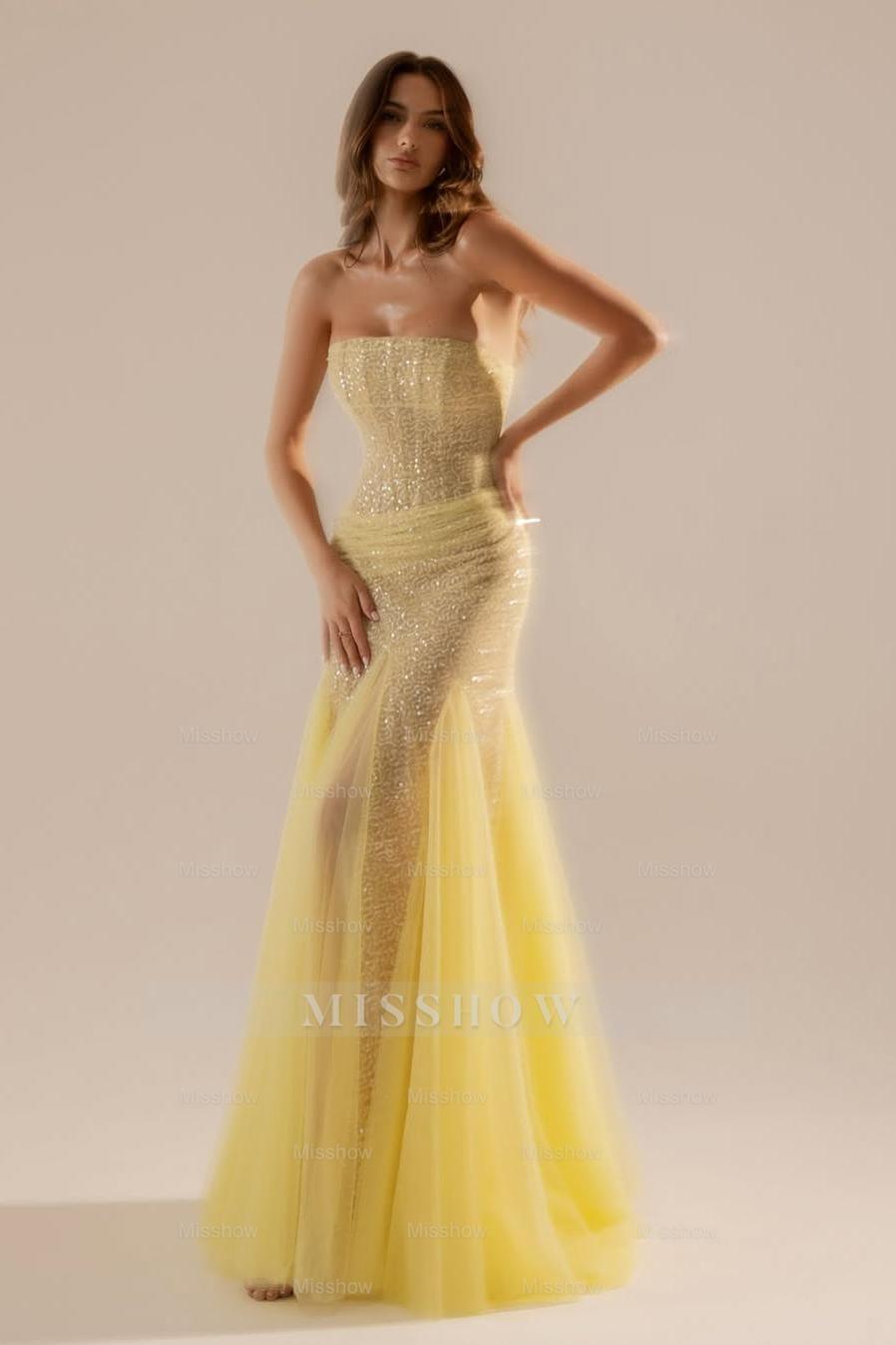 Tulle Strapless Sleeveless Long Mermaid Formal Dress With Pleated