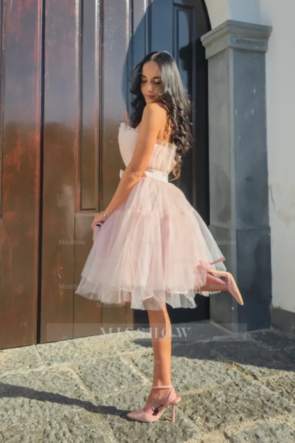 Tulle Strapless Sleeveless Short A Line Formal Dress With Belt