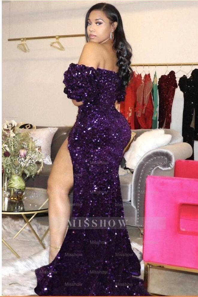 Unique Black V-neck Off-the-Shoulder Sequins Asymmetrical Column Prom Evening Dresses