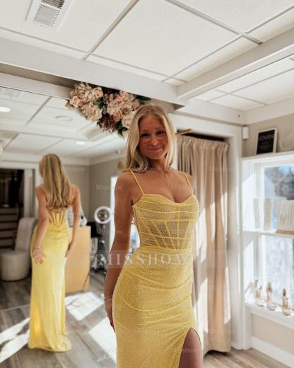 Unique Daffodil Spaghetti Straps Sleeveless Mermaid Prom Dress with Beadings and Slit