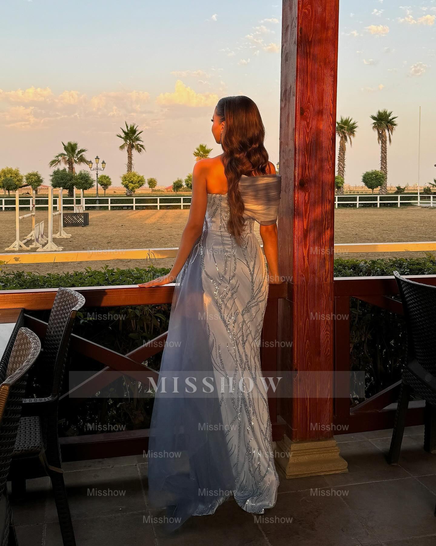 Unique Dusty Blue One Shoulder Sleeveless Mermaid Evening Dress with Sequins and Panel Train