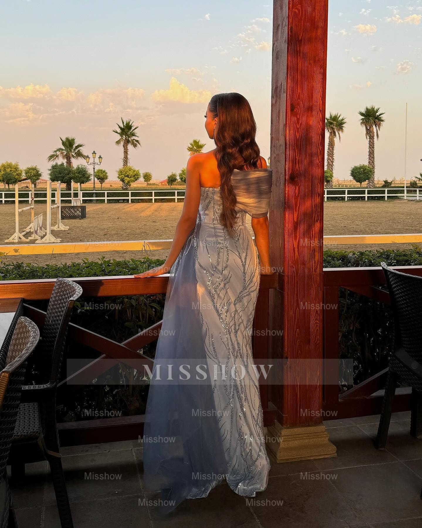 Unique Dusty Blue One Shoulder Sleeveless Mermaid Evening Dress with Sequins and Panel Train
