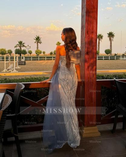 Unique Dusty Blue One Shoulder Sleeveless Mermaid Evening Dress with Sequins and Panel Train