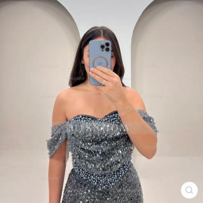 Unique Long Steel Grey Mermaid Off-The-Shoulder Sleeveless Beaded Formal Dress with Sequins