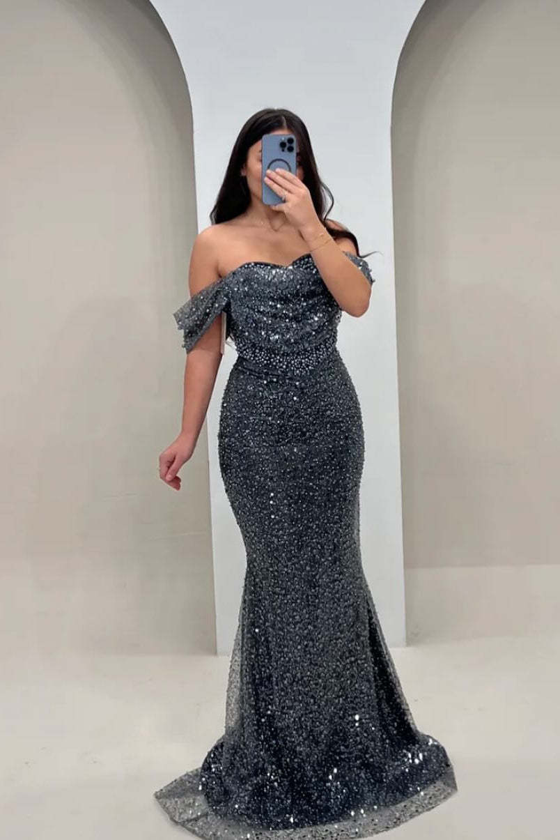 Unique Long Steel Grey Mermaid Off-The-Shoulder Sleeveless Beaded Formal Dress with Sequins