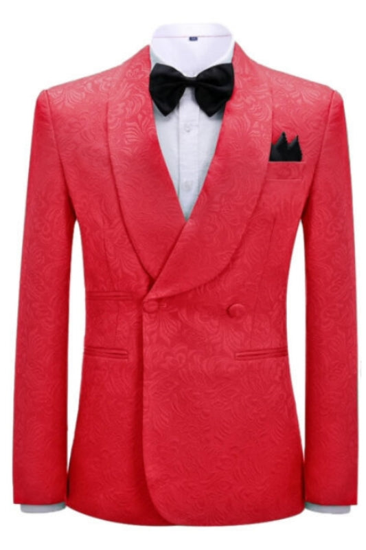 Fancy Red Jacquard Shawl Collar Double Breasted Groom's Suit