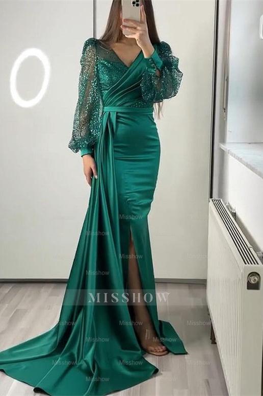 V Neck Long Sleeves Sequins Mermaid Split Formal Dress With Ruffles