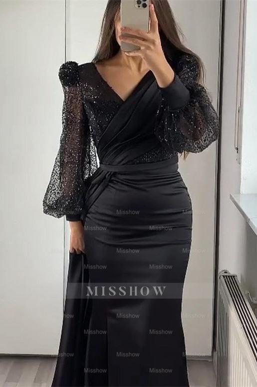 V Neck Long Sleeves Sequins Mermaid Split Formal Dress With Ruffles