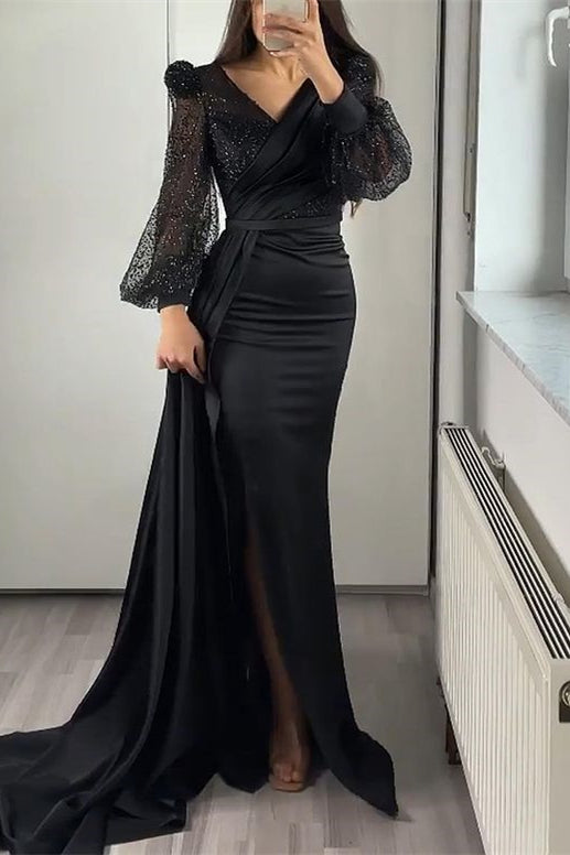 V Neck Long Sleeves Sequins Mermaid Split Formal Dress With Ruffles