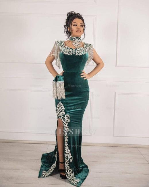 Velvet Dark Green Long Split Mermaid Prom Evening Dresses