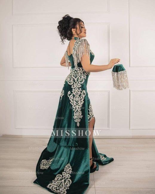 Velvet Dark Green Long Split Mermaid Prom Evening Dresses