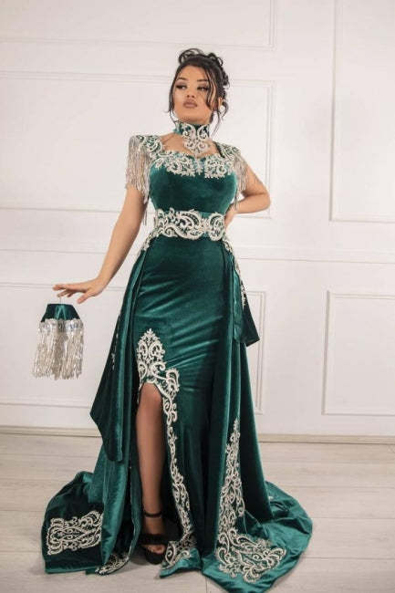 Velvet Dark Green Long Split Mermaid Prom Evening Dresses