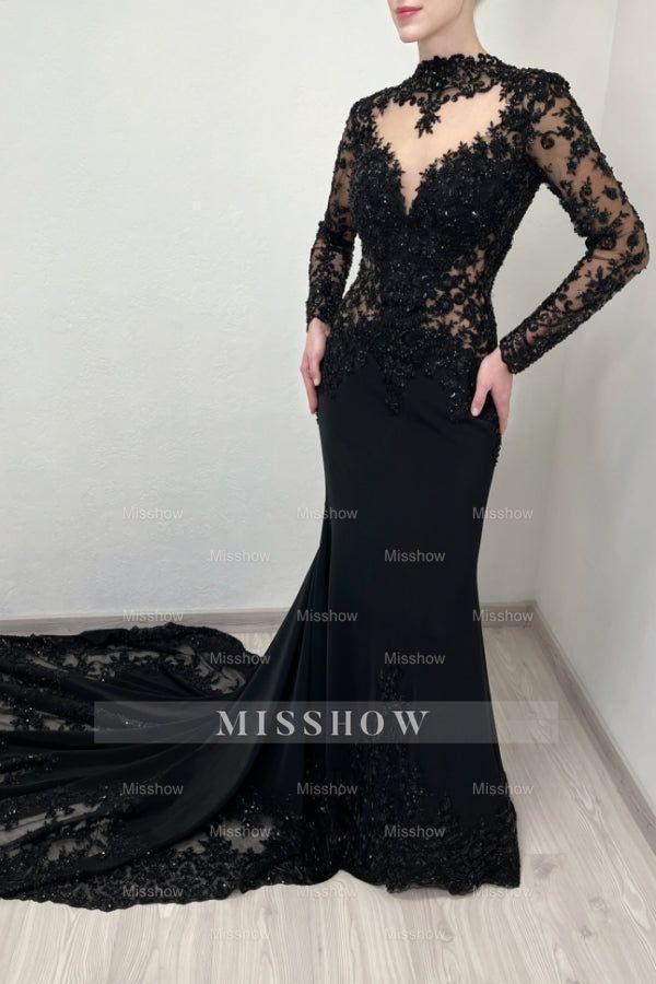 Vintage Black Mermaid Lace High-Neck Long Sleeves Beaded Cathedral Train Satin Evening Dresses