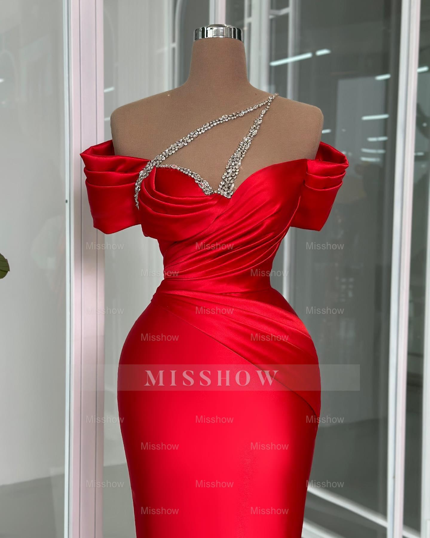 Vintage Column Off-the-shoulder Short Sleeve Beading Satin Prom Dresses