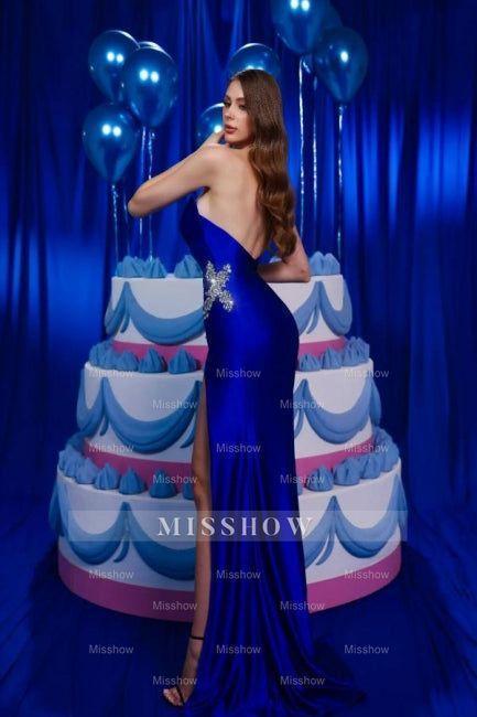 Vintage Column Satin V-Neck Sleeveless Blue Prom Evening Dresses With Ruffles Split