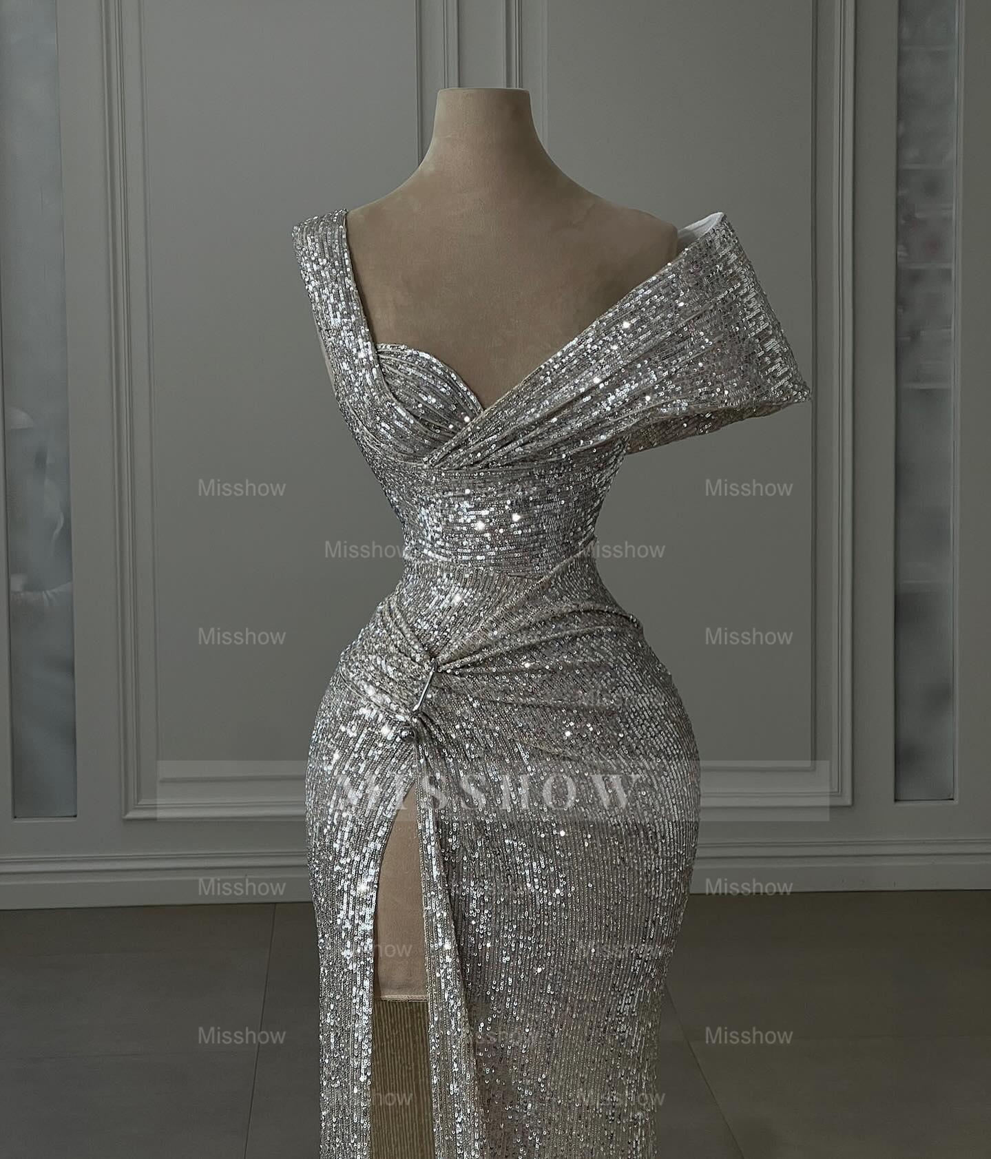Vintage Column Sequined Off-The-Shoulder Sleeveless Silver Prom Dresses With Split Front
