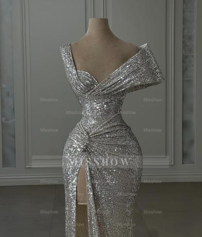 Vintage Column Sequined Off-The-Shoulder Sleeveless Silver Prom Dresses With Split Front