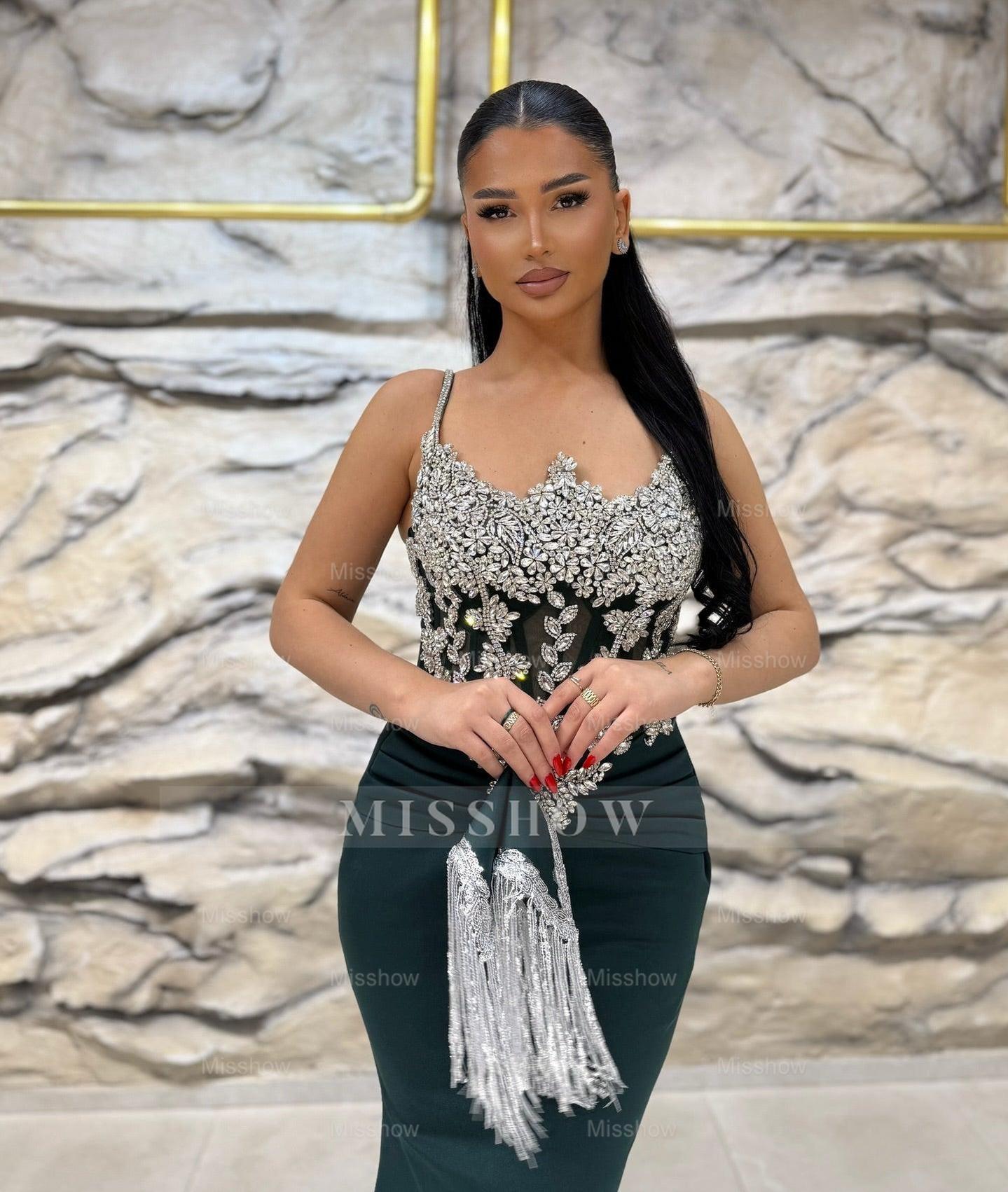 Vintage Dark Green Mermaid Spaghetti Straps Sleeveless Beaded Floor-Length Satin Formal Dress With Rhinestones