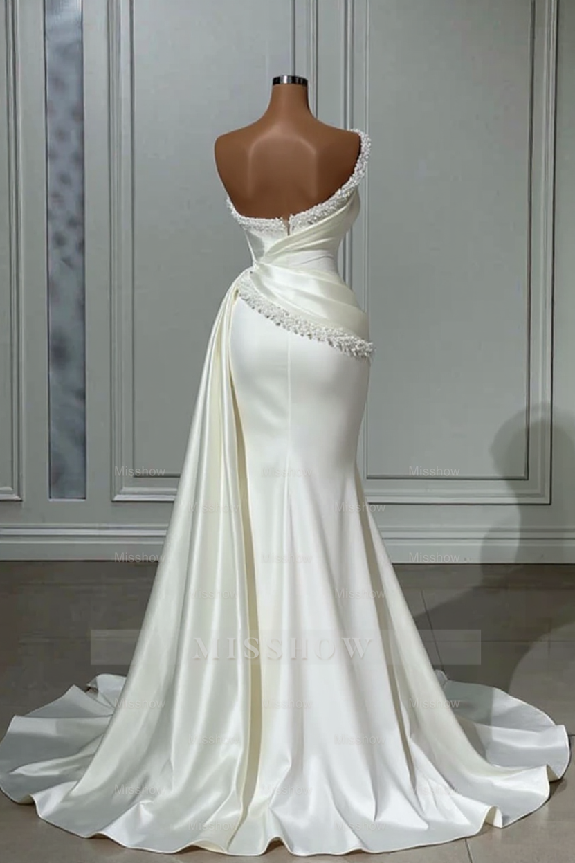 Vintage Long White One Shoulder Sleeveless Wedding Dresses With Beads