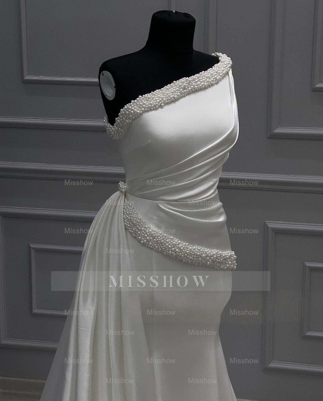 Vintage Long White One Shoulder Sleeveless Wedding Dresses With Beads