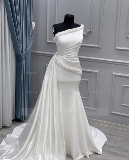 Vintage Long White One Shoulder Sleeveless Wedding Dresses With Beads