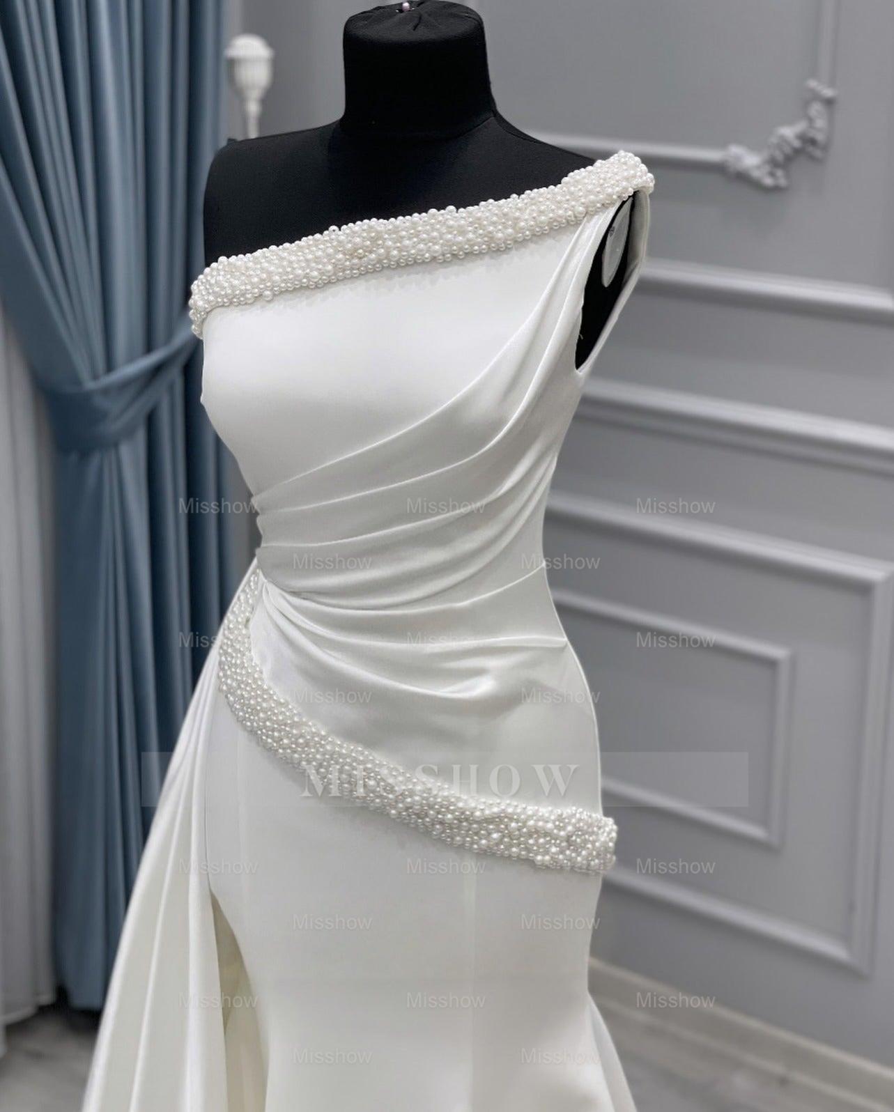 Vintage Long White One Shoulder Sleeveless Wedding Dresses With Beads