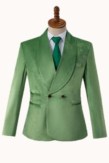Modern Green Shawl Lapel Double-Breasted Velvet Suit