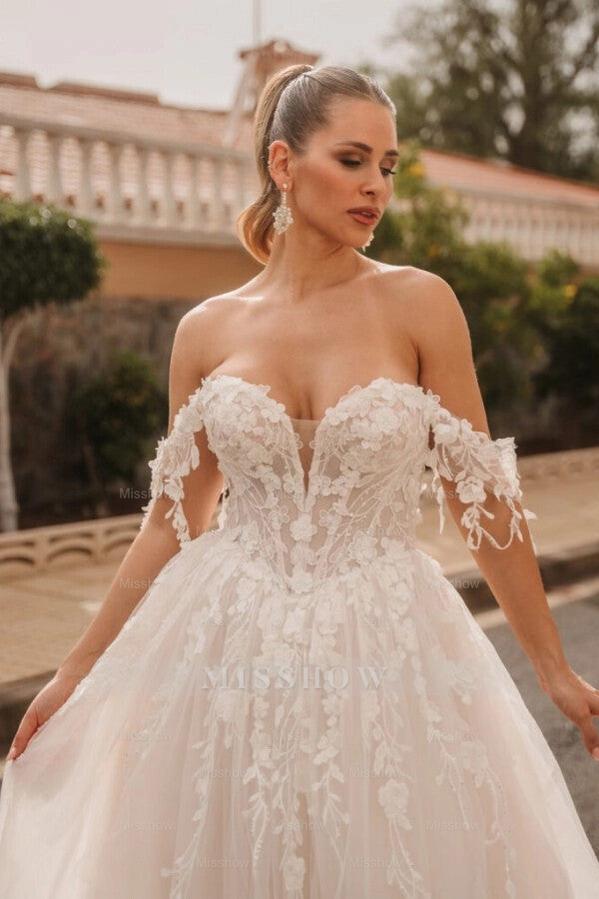 Vogue Ivory Off-The-Shoulder Sleeveless A-Line Wedding Dress with Appliques