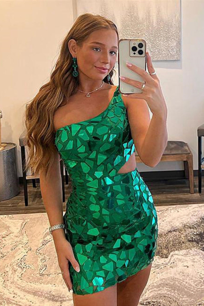 Sparkly Green One Shoulder Mirror Cut Out Bodycon Short Cocktail Dress
