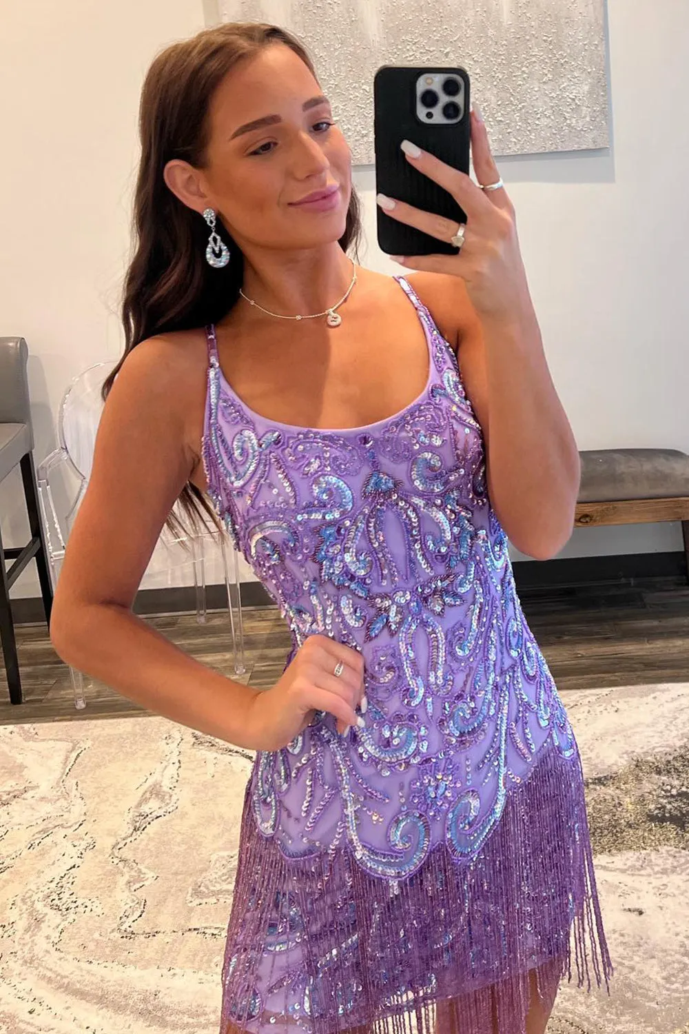 Purple Spaghetti Straps Fringed Sequins Tight Short Cocktail Dress