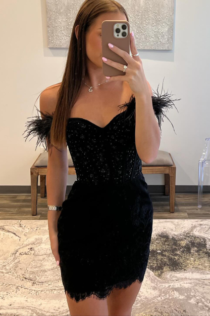 Black Off The Shoulder Bodycon Corset Short Cocktail Dress With Feather