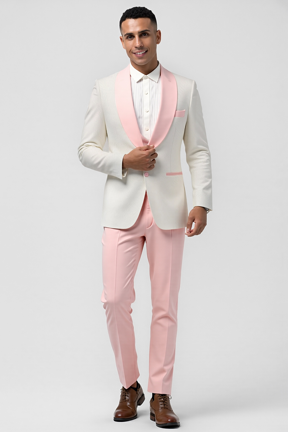 Slim Fit Men's Prom Suit in Light Pink with Shawl Lapel and Single Button