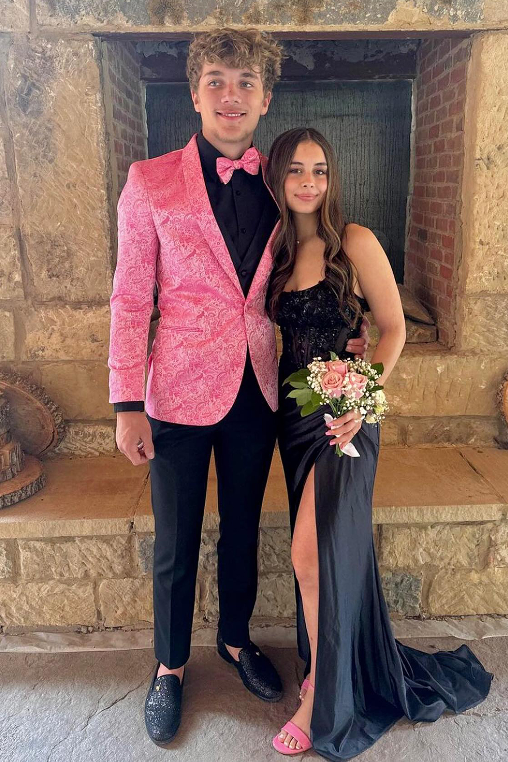 2-Piece Formal Men's Prom Suits with Pink Jacquard Shawl Lapel