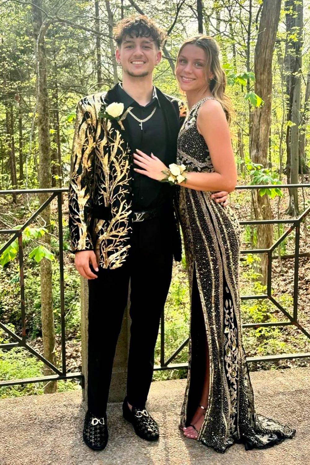 Elegant Two-Piece Prom Suit for Men with Black Golden Pattern and Notched Lapel