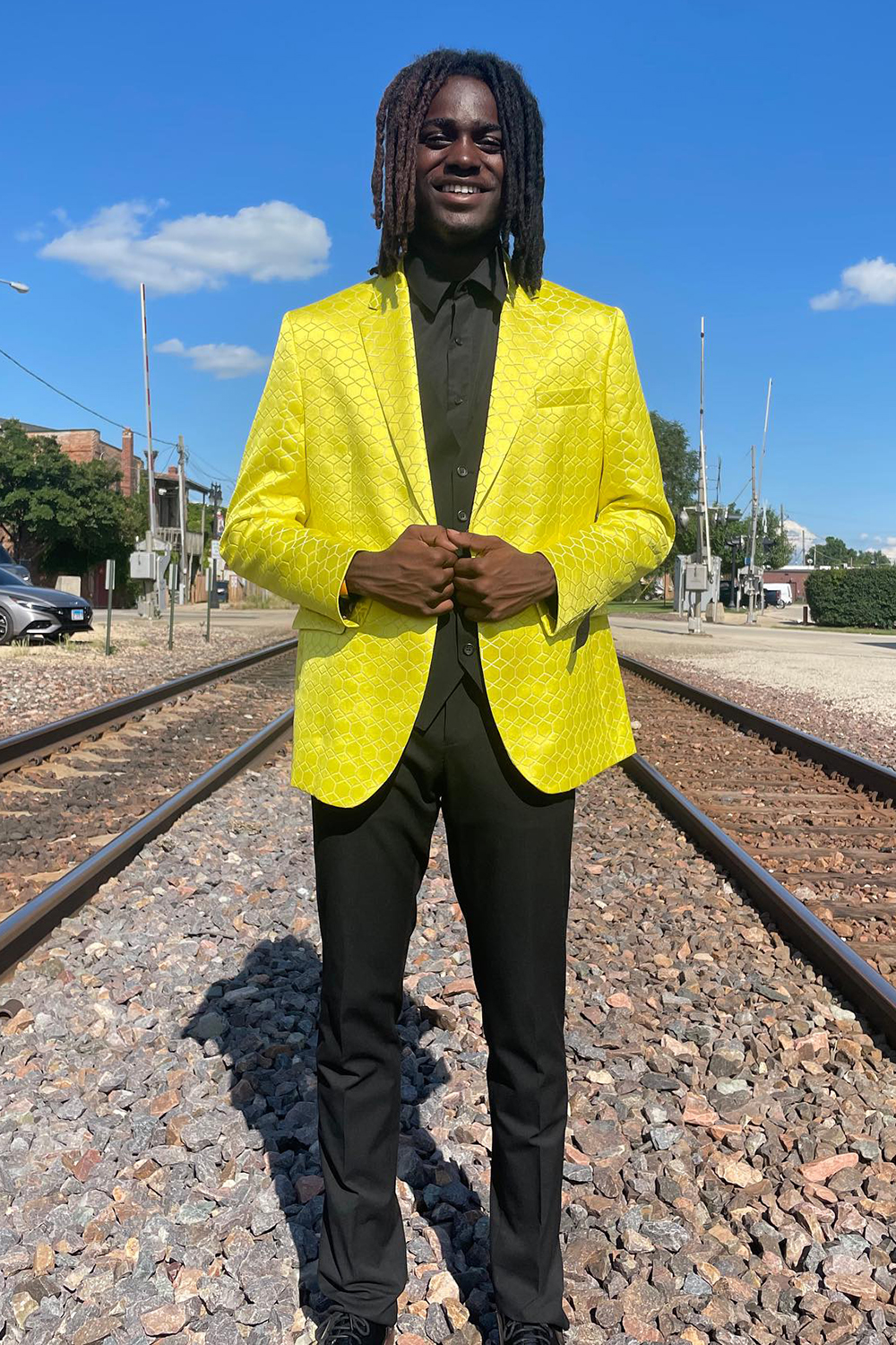 Men's Prom Suits in Yellow Jacquard with Notched Lapel 2-Piece Set