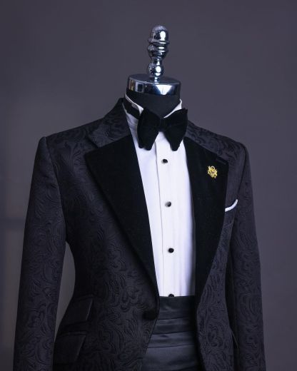 Fashionable Black Jacquard Notched Lapel Two-Piece Prom Suits