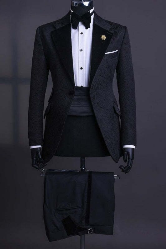 Fashionable Black Jacquard Notched Lapel Two-Piece Prom Suits