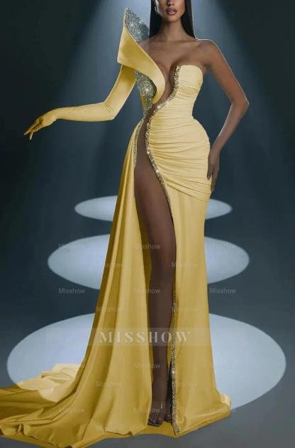 White Formal Dress With Gloves Long Mermaid One Shoulder With High Slit