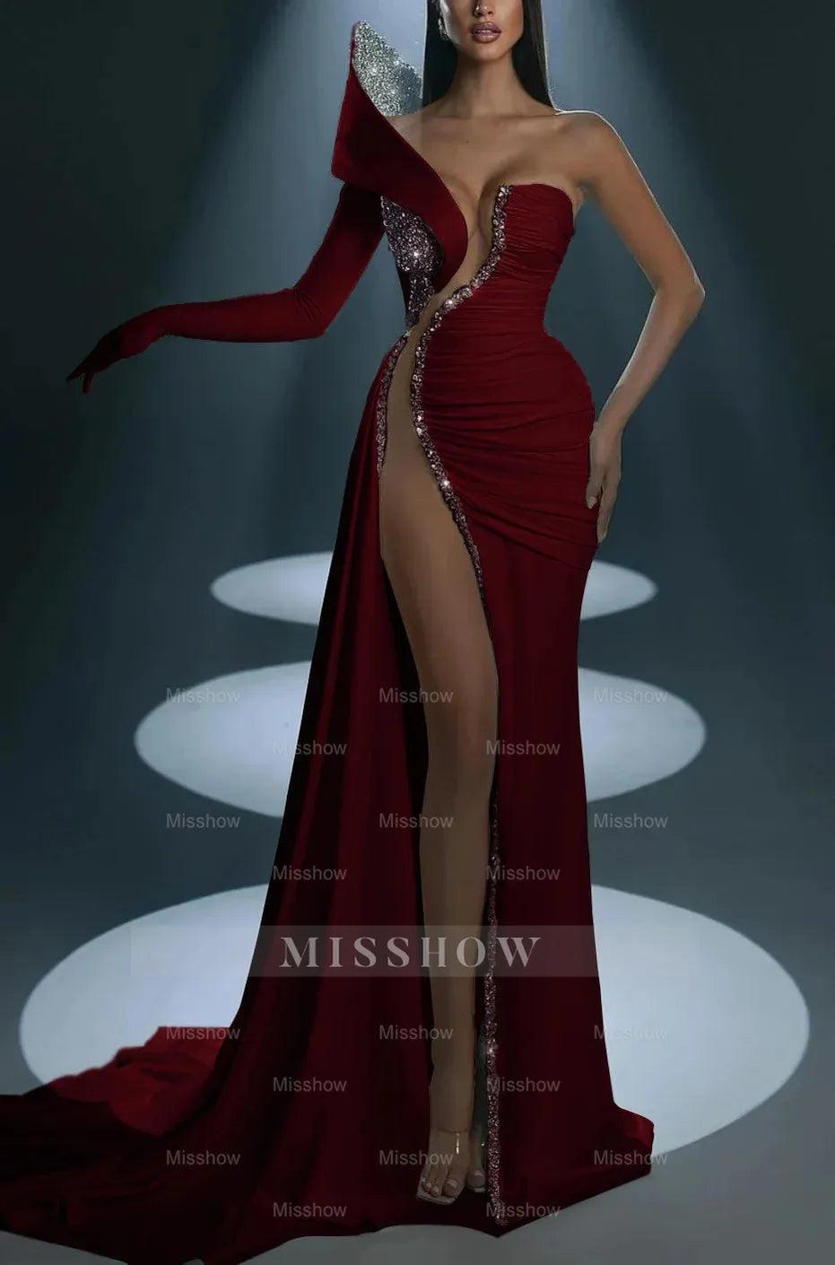 White Formal Dress With Gloves Long Mermaid One Shoulder With High Slit