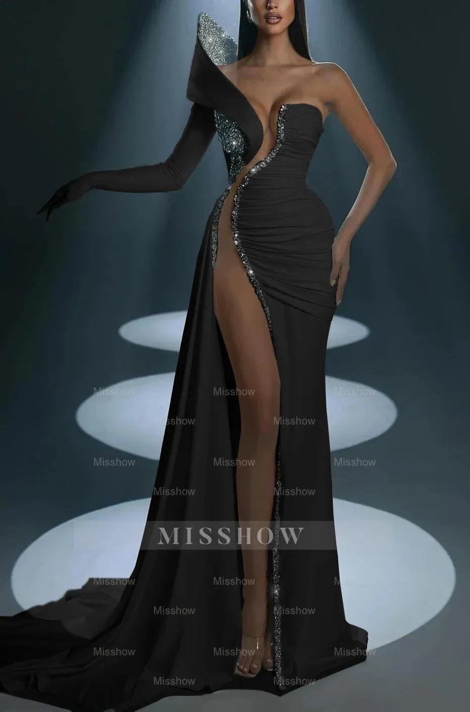 White Formal Dress With Gloves Long Mermaid One Shoulder With High Slit