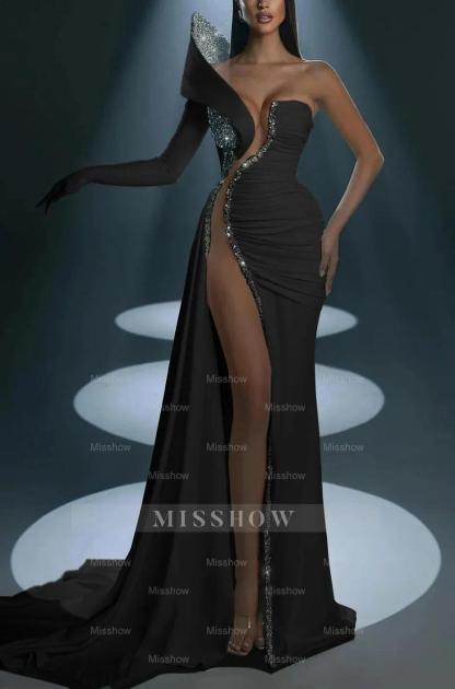 White Formal Dress With Gloves Long Mermaid One Shoulder With High Slit