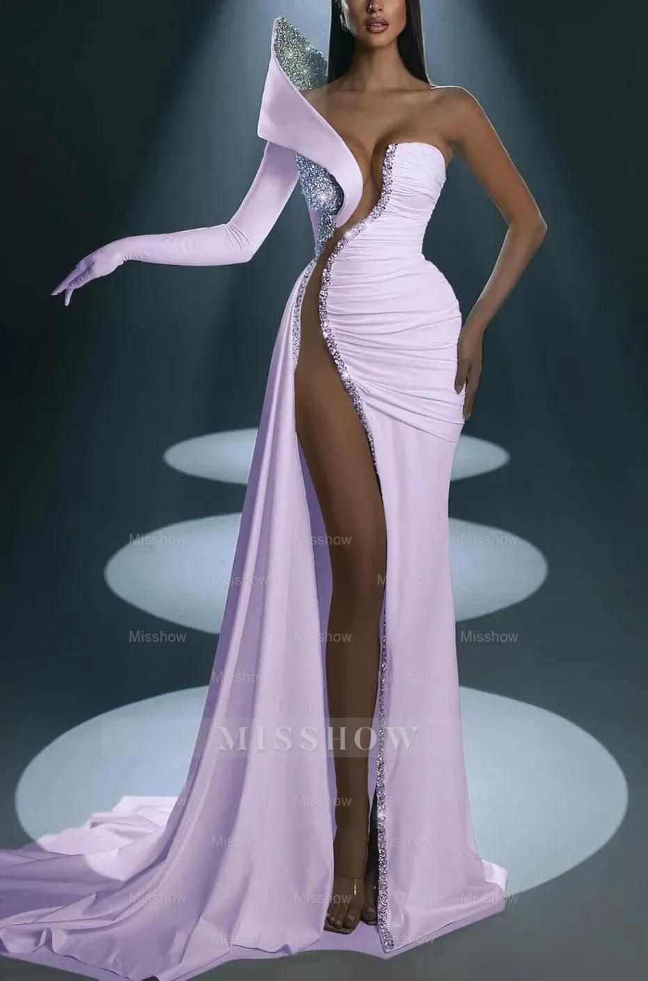 White Formal Dress With Gloves Long Mermaid One Shoulder With High Slit
